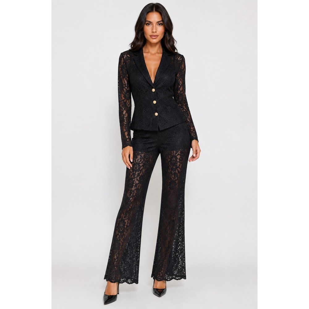 Meshki Black Lace Blazer & Pants Set with Gold Buttons – Size XS/S